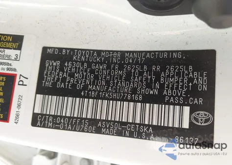 2017 Toyota Camry Se из США, поврежденный, VIN 4T1BF1FK5HU778168